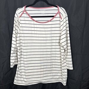 LL Bean Womans XL Reg Boat Neck 3/4 sleeve shirt White Black Stripes Pink